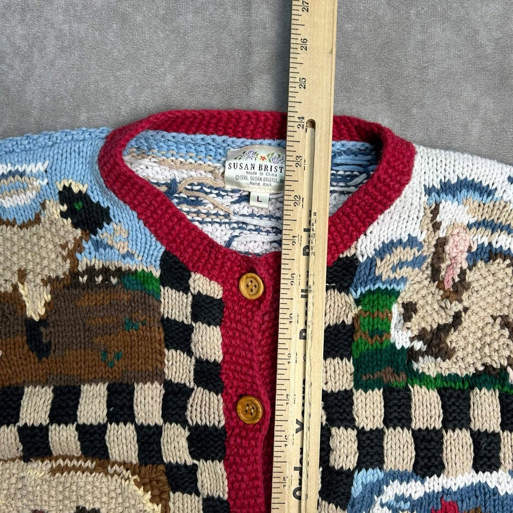 Susan Bristol Vintage 1995 Hand Knit Farm Animal Cardigan Sweater Womens Large - Picture 3 of 7